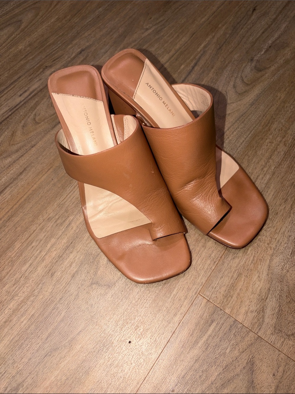 ANTONIO MELANI Cognac Leather Open-Toe Slide Mules Size 7